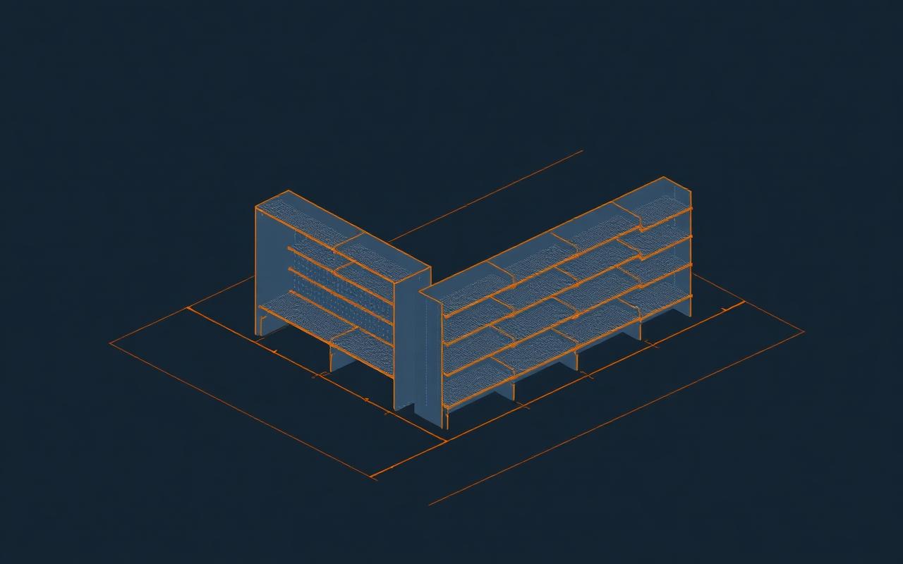 Isometric diagram of a modular gondola shelving run