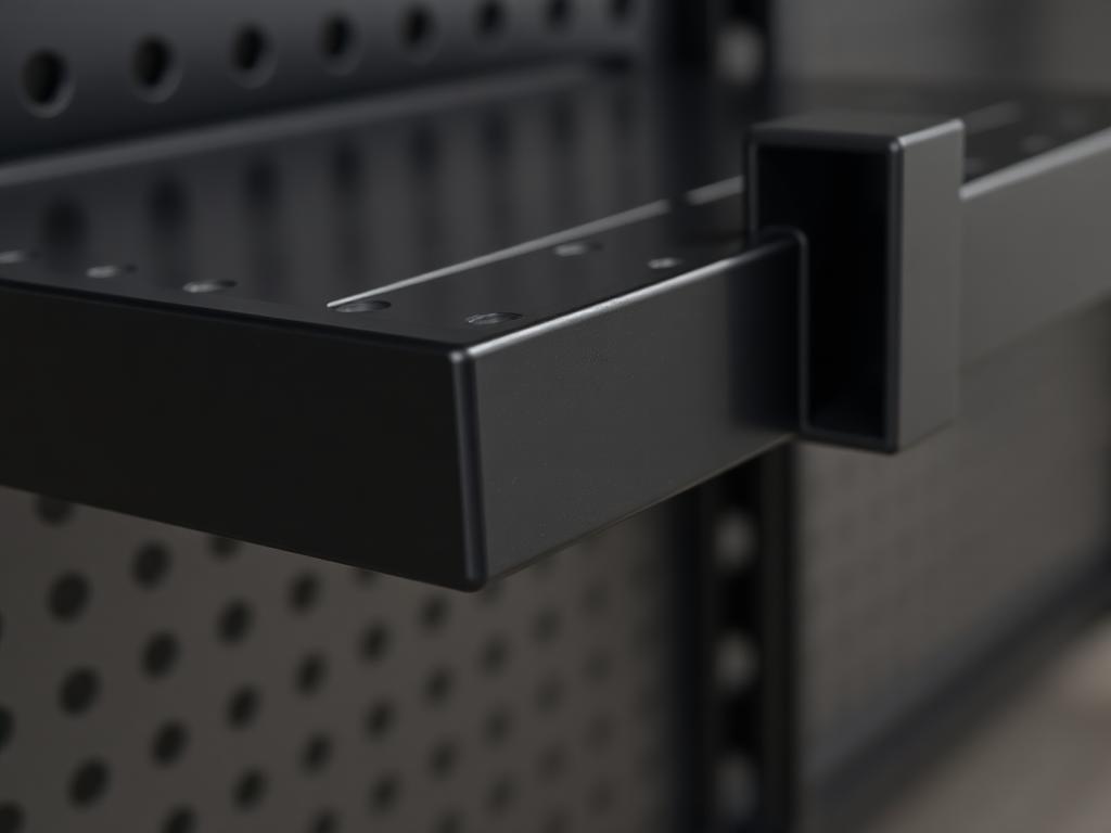 Black powder-coated steel shelf finish close-up