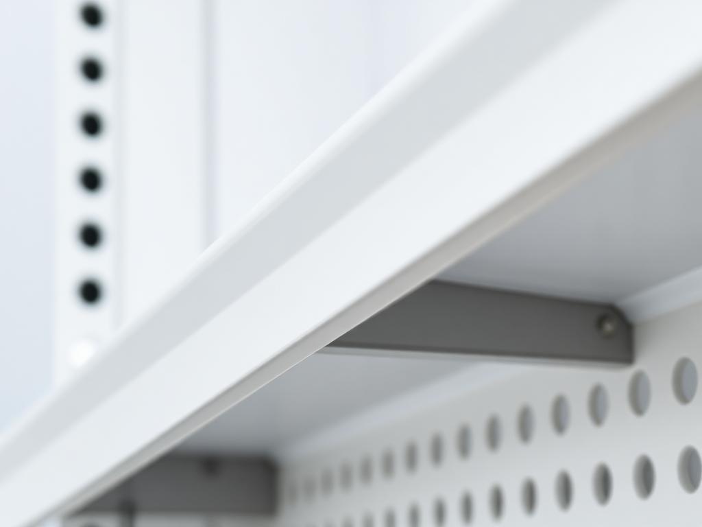 Platinum powder-coated steel shelf finish close-up