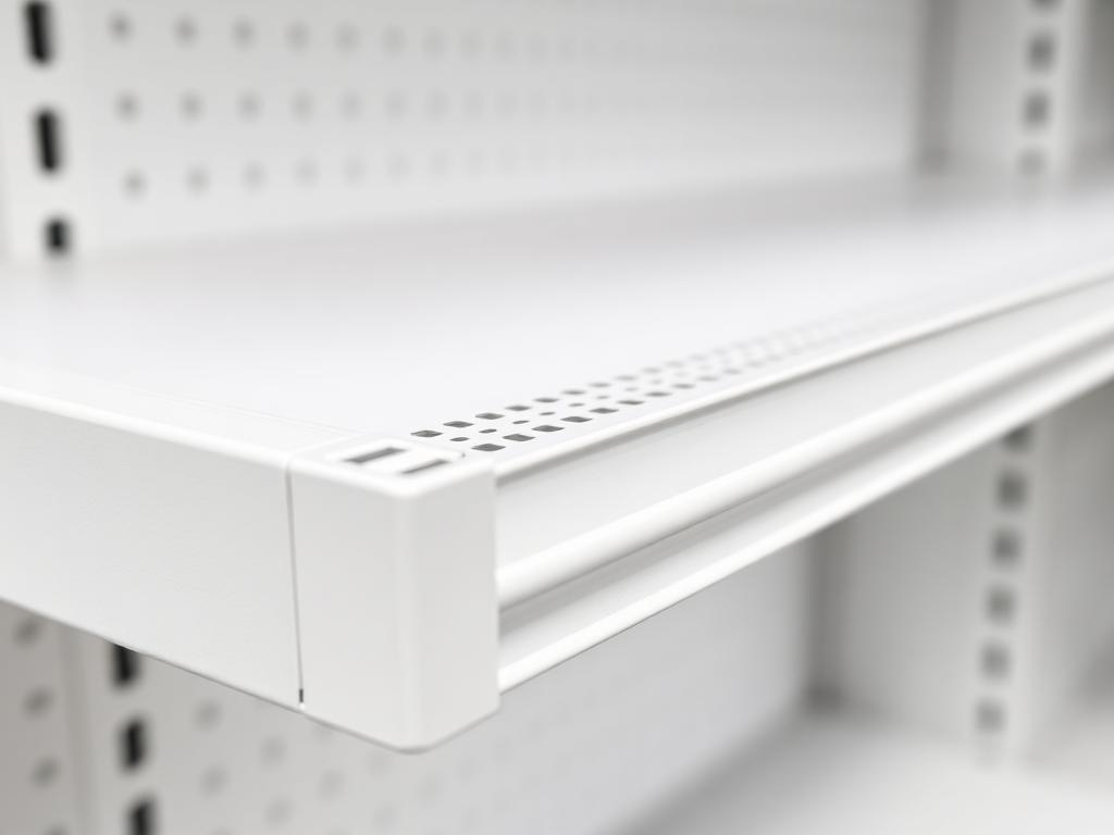 White powder-coated steel shelf finish close-up
