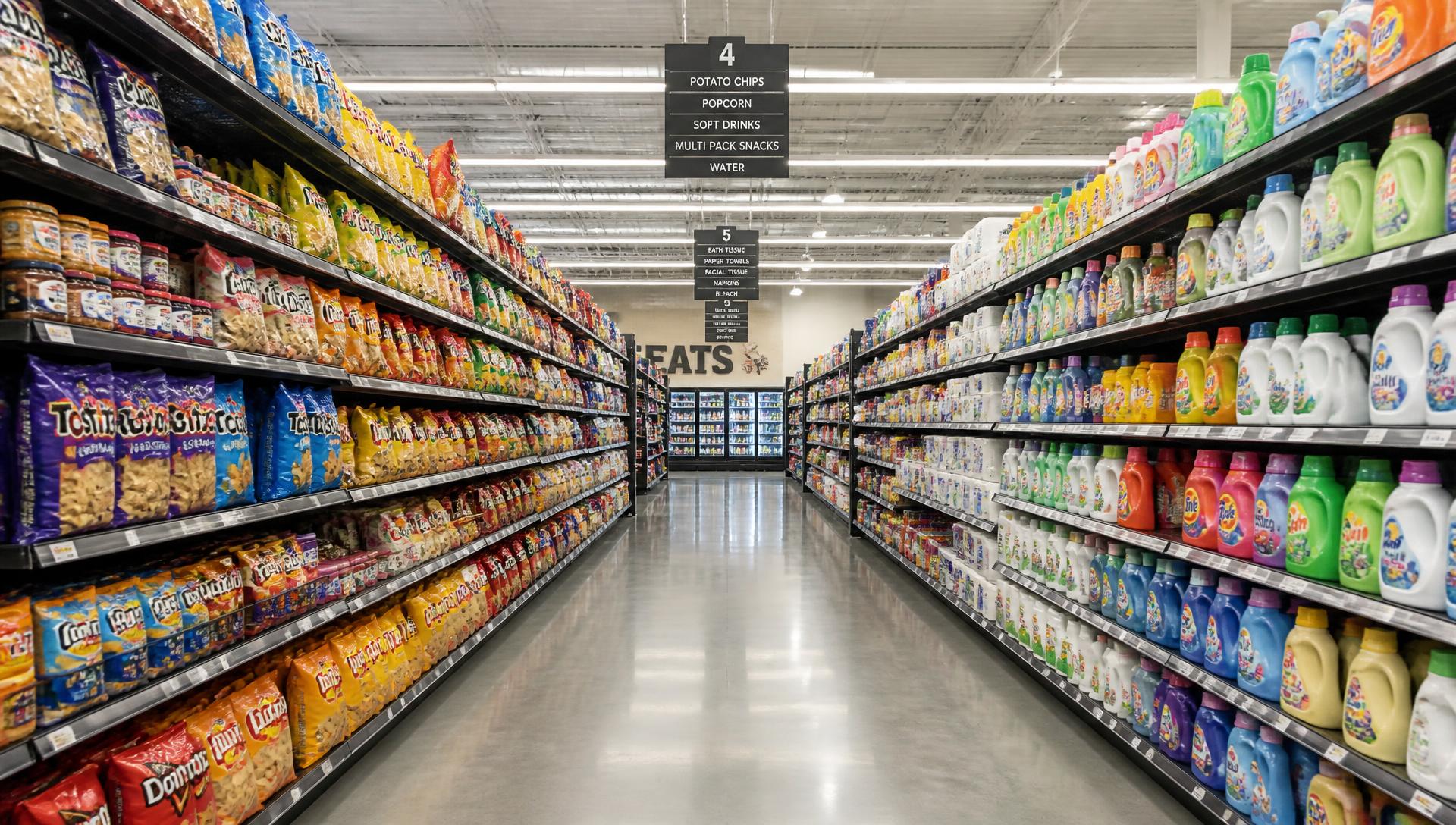 Fully stocked gondola shelving aisle in a bright retail store
